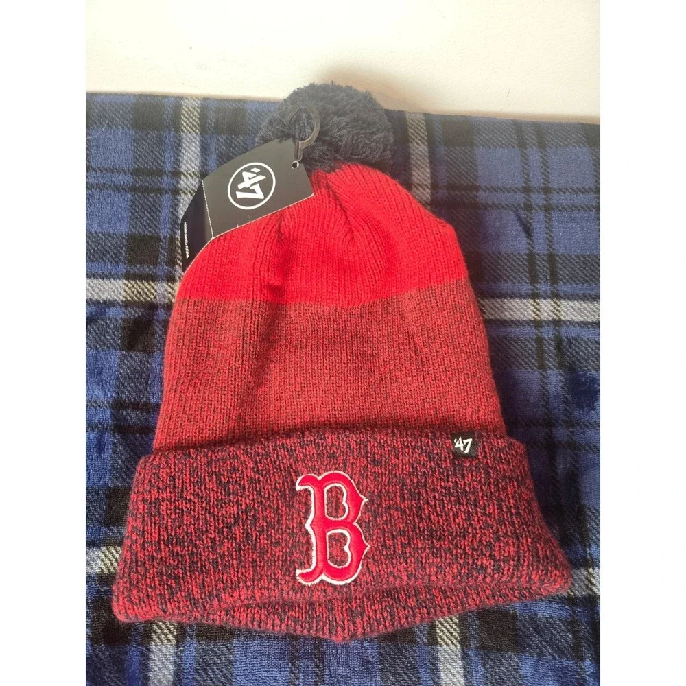 47 Brand Boston Red Sox MLB Pom Beanie Hat Red Navy Blue Knit Cuffed OSFA New